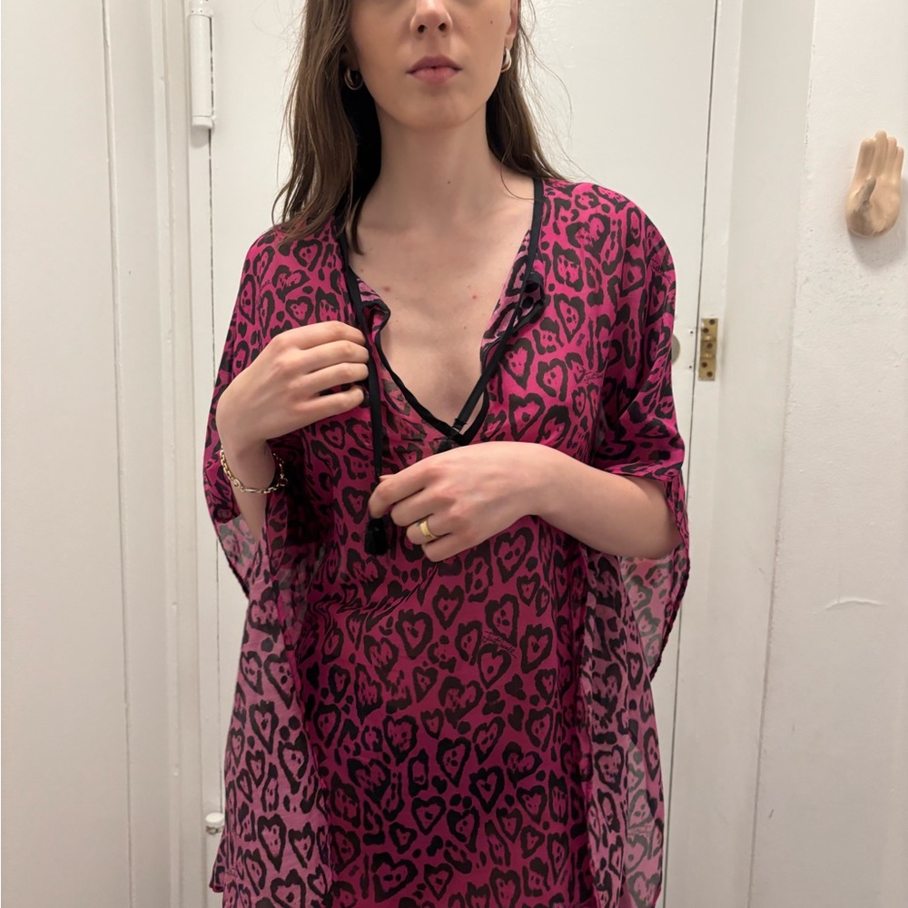 Just Cavalli Fuchsia Leopard Heart Print kaftan cover up beachwear